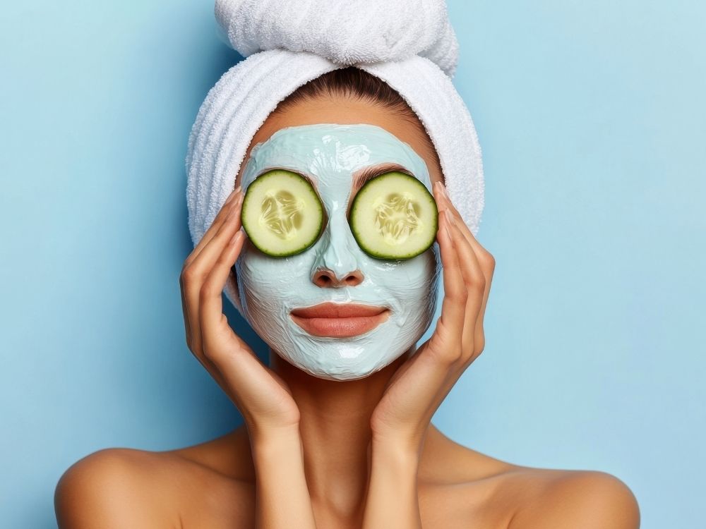 woman with a skincare face mask and cucumber slices on her eyes