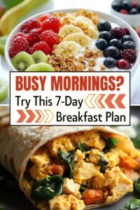 7-day quick breakfast challenge with healthy breakfast ideas like oatmeal, smoothies, avocado toast, and eggs