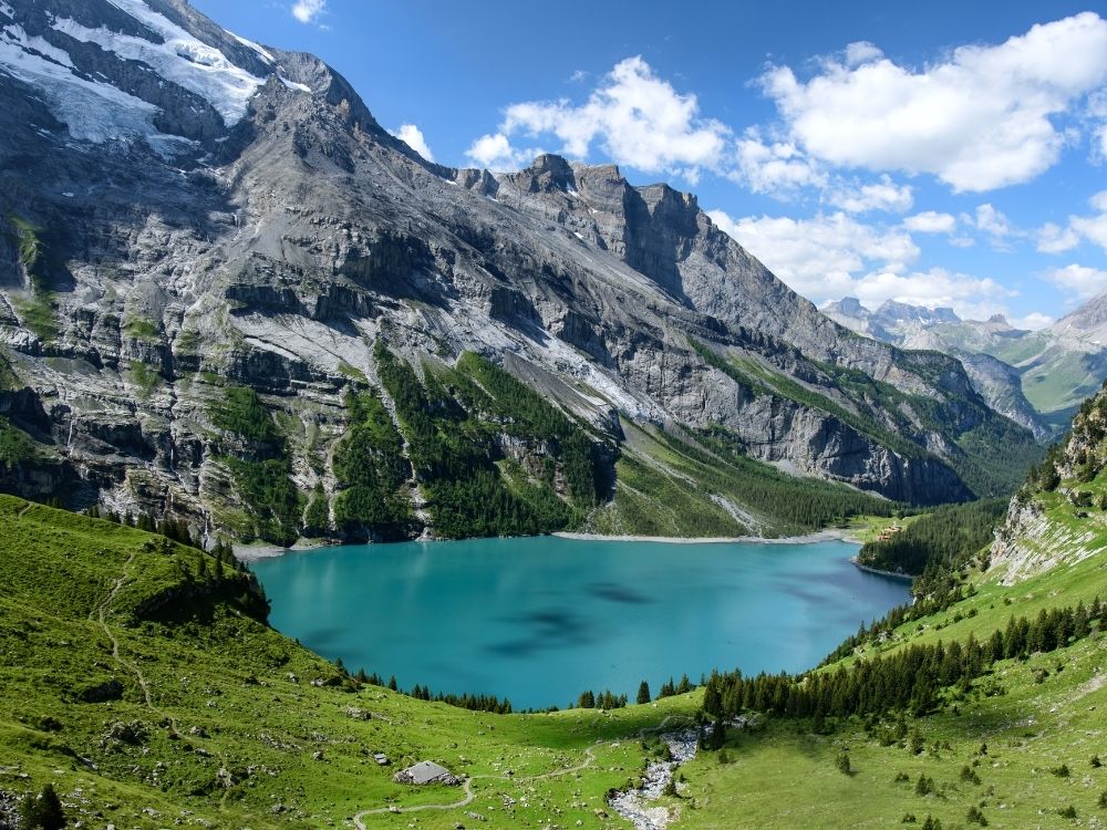 beautiful travel destination with blue lake and mountain scenery