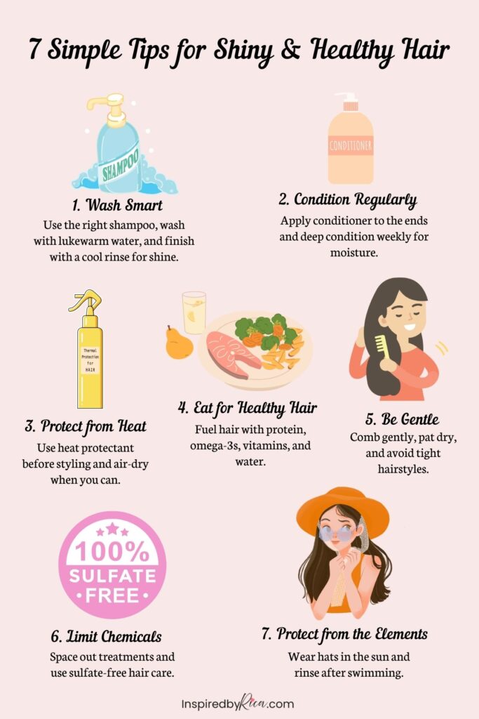 Infographic showing 7 simple tips for shiny and healthy hair at home