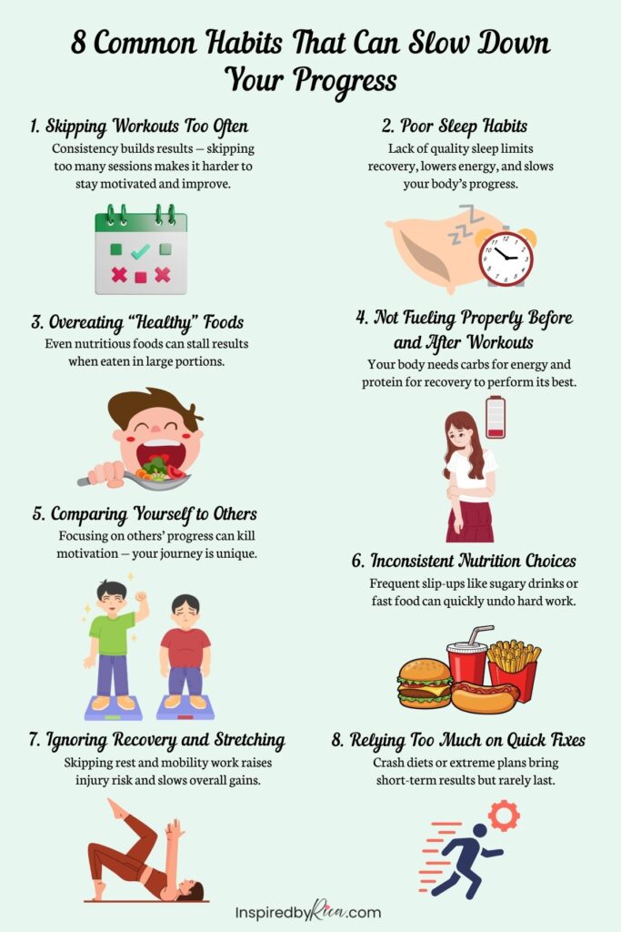 Infographic showing 8 common habits that slow down health and fitness progress