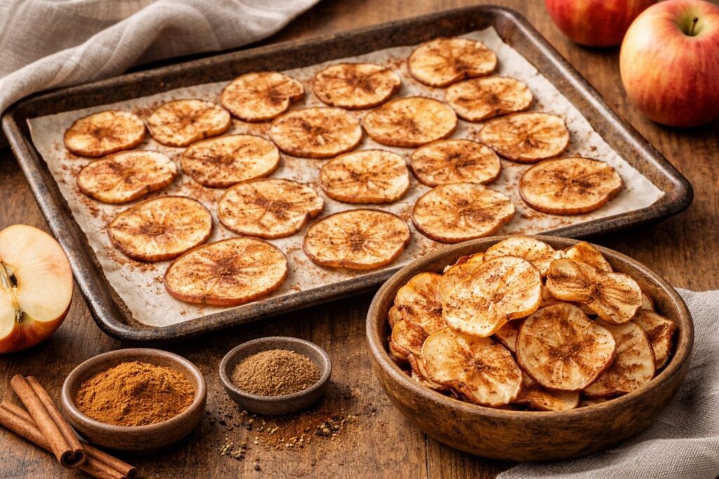 Homemade apple cinnamon chips baked until crisp