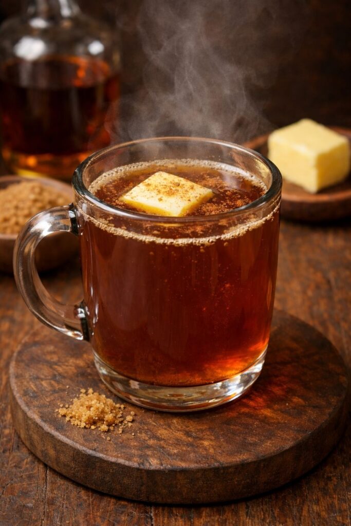 Hot buttered rum in a glass mug