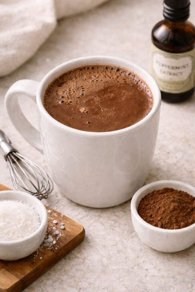 Peppermint hot cocoa in a winter mug