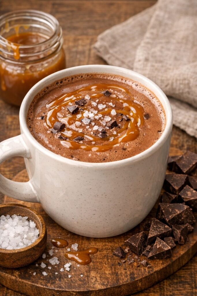 Salted caramel hot chocolate topped with foam