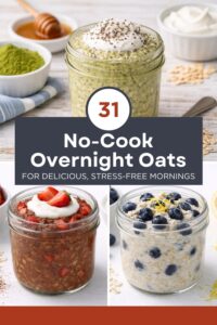 A collection of creamy overnight oats in jars with fruits, nuts, and toppings for healthy make-ahead breakfasts
