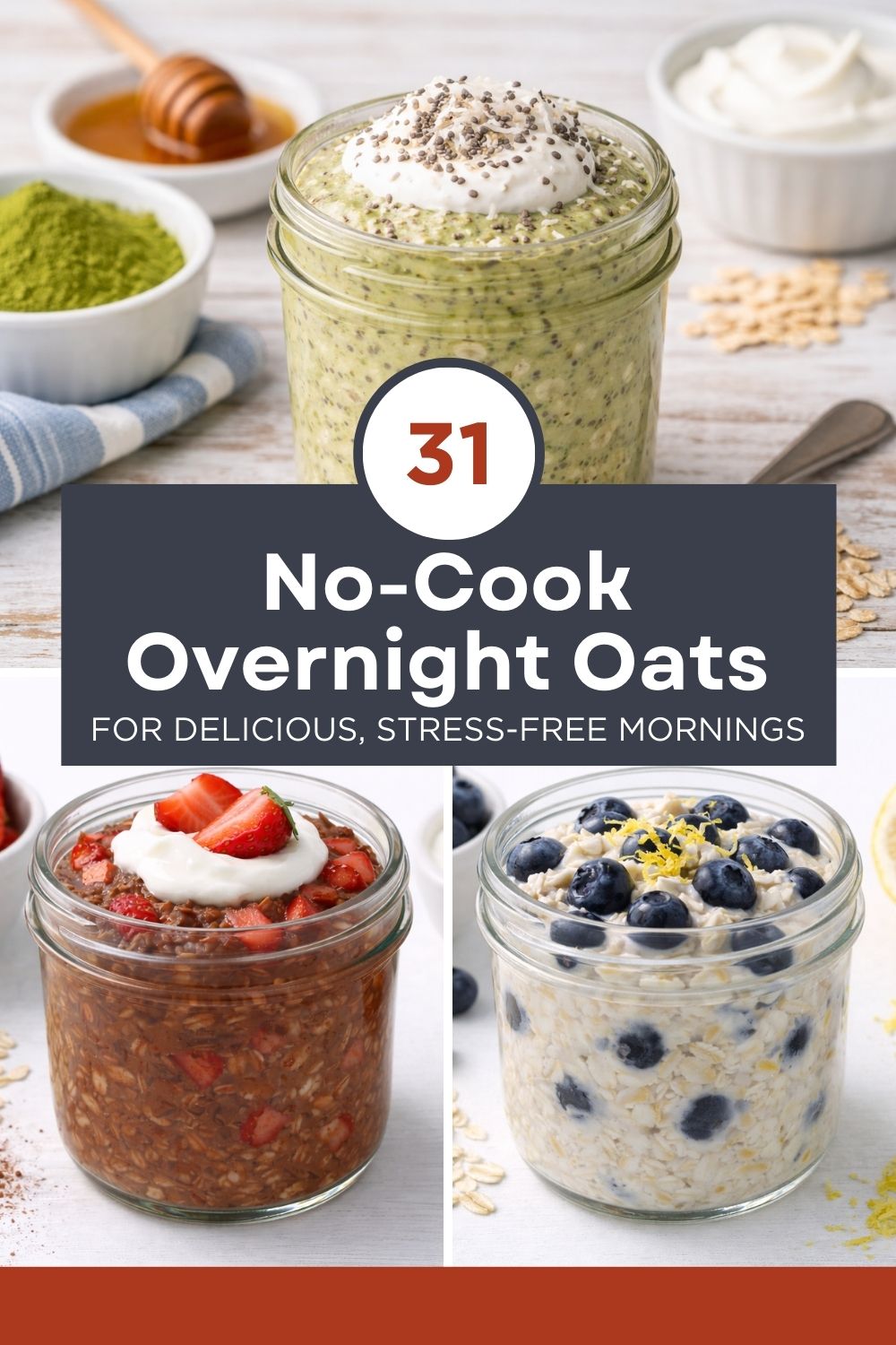 A collection of creamy overnight oats in jars with fruits, nuts, and toppings for healthy make-ahead breakfasts