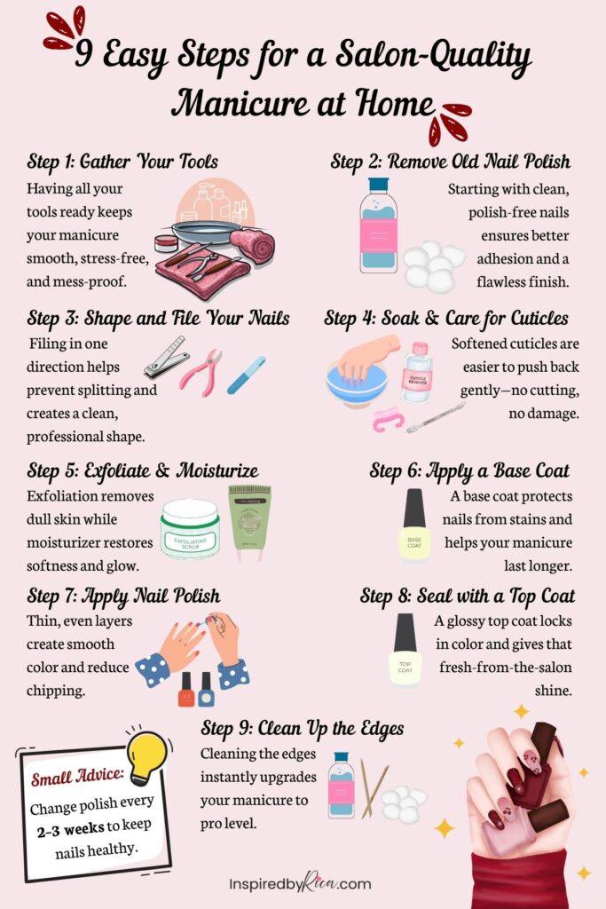 9 steps on how to do a salon-quality manicure at home, from nail prep and cuticle care to polish and top coat application