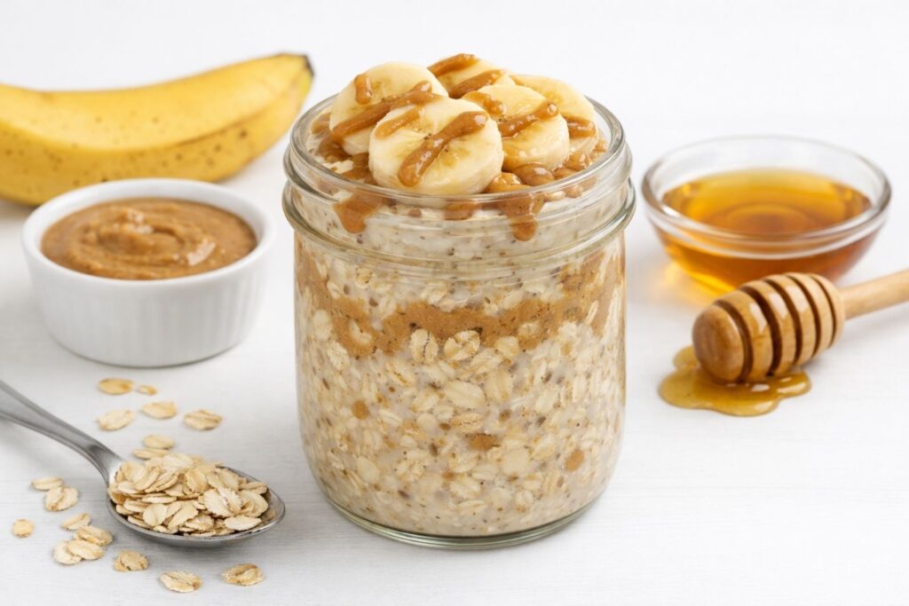 Jar of overnight oats made with rolled oats, milk, and healthy toppings, prepared as a no-cook breakfast