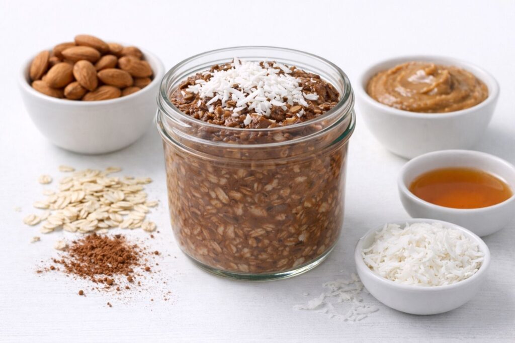 Jar of overnight oats made with rolled oats, milk, and healthy toppings, prepared as a no-cook breakfast