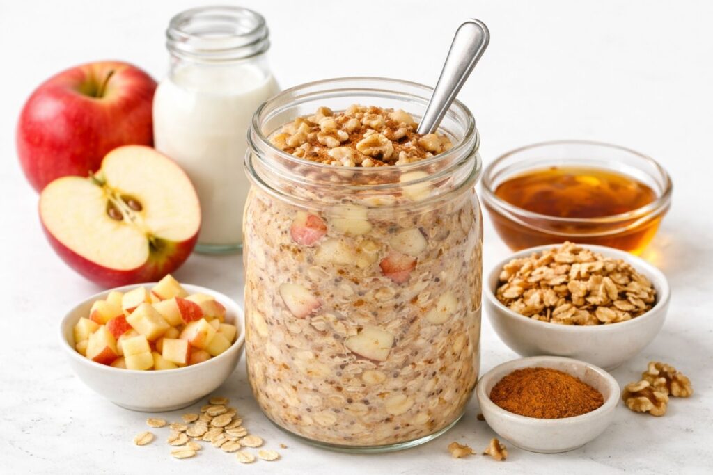 Jar of overnight oats made with rolled oats, milk, and healthy toppings, prepared as a no-cook breakfast