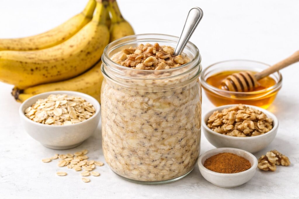 Jar of overnight oats made with rolled oats, milk, and healthy toppings, prepared as a no-cook breakfast