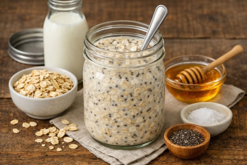 Jar of overnight oats made with rolled oats, milk, and healthy toppings, prepared as a no-cook breakfast