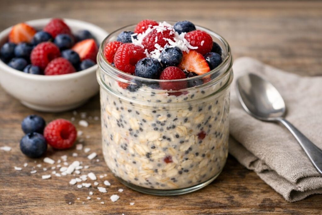 Jar of overnight oats made with rolled oats, milk, and healthy toppings, prepared as a no-cook breakfast