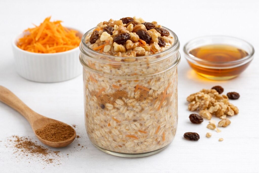 Jar of overnight oats made with rolled oats, milk, and healthy toppings, prepared as a no-cook breakfast