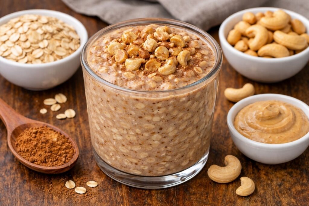 Jar of overnight oats made with rolled oats, milk, and healthy toppings, prepared as a no-cook breakfast