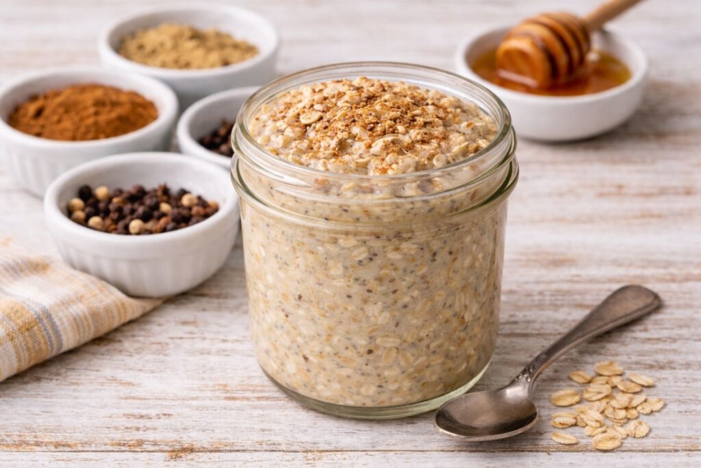 Jar of overnight oats made with rolled oats, milk, and healthy toppings, prepared as a no-cook breakfast