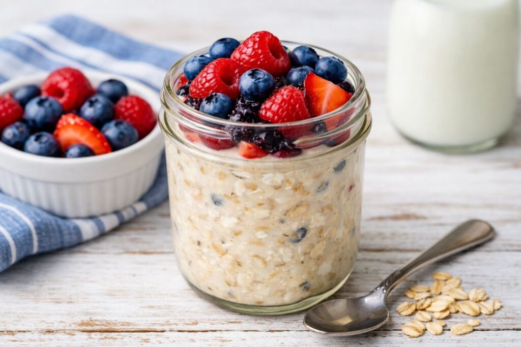 Jar of overnight oats made with rolled oats, milk, and healthy toppings, prepared as a no-cook breakfast