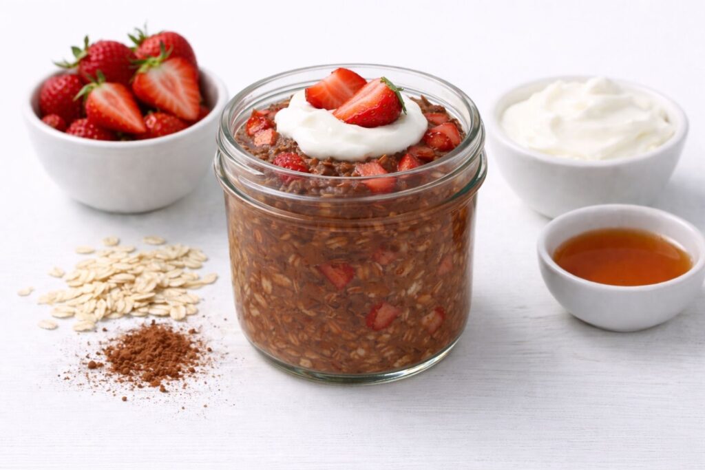 Jar of overnight oats made with rolled oats, milk, and healthy toppings, prepared as a no-cook breakfast