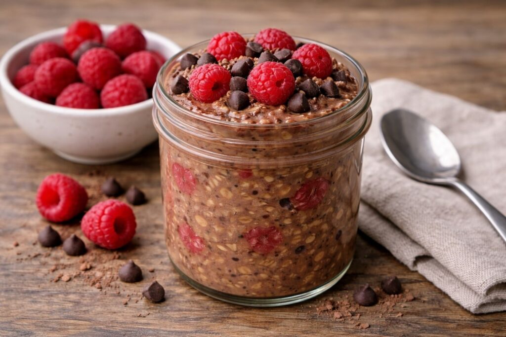 Jar of overnight oats made with rolled oats, milk, and healthy toppings, prepared as a no-cook breakfast