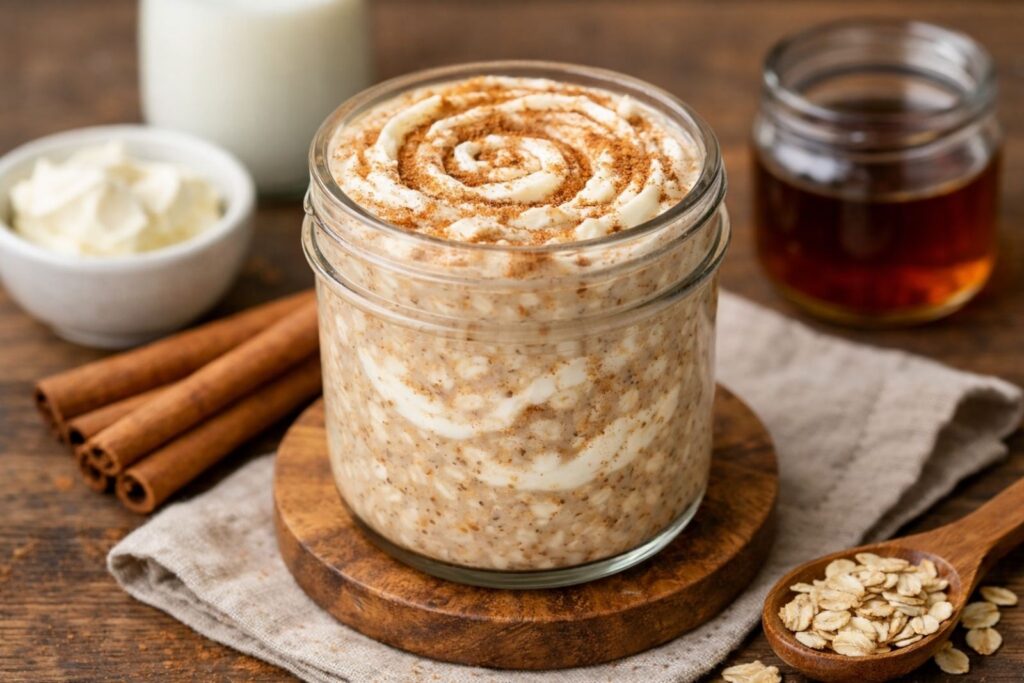Jar of overnight oats made with rolled oats, milk, and healthy toppings, prepared as a no-cook breakfast
