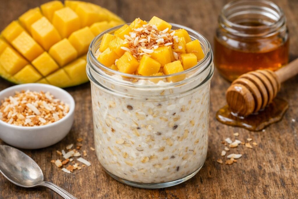 Jar of overnight oats made with rolled oats, milk, and healthy toppings, prepared as a no-cook breakfast