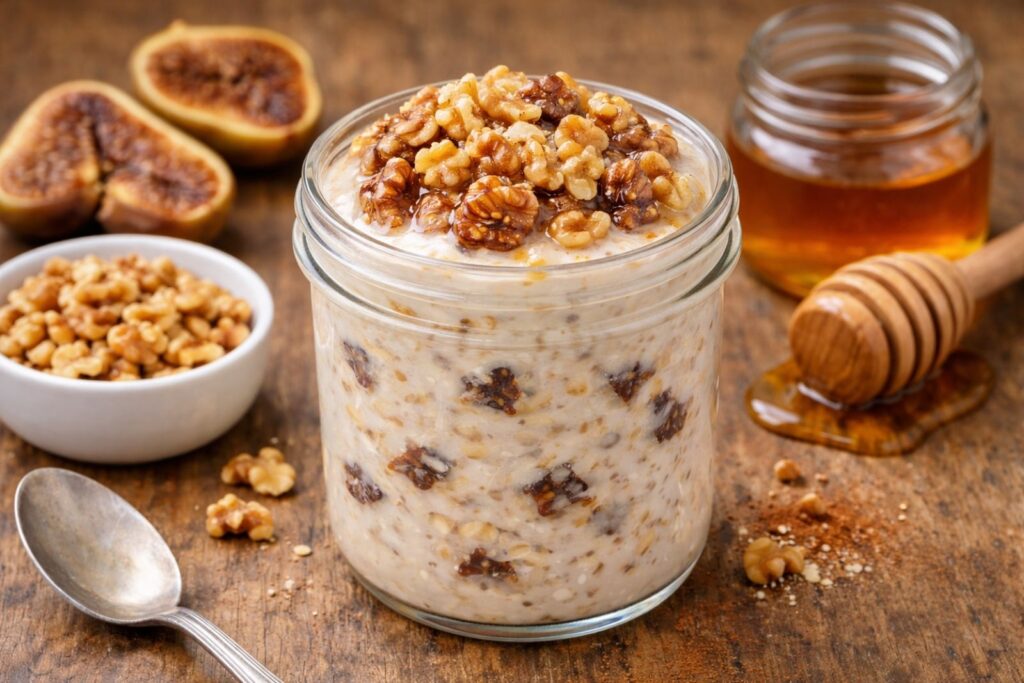 Jar of overnight oats made with rolled oats, milk, and healthy toppings, prepared as a no-cook breakfast