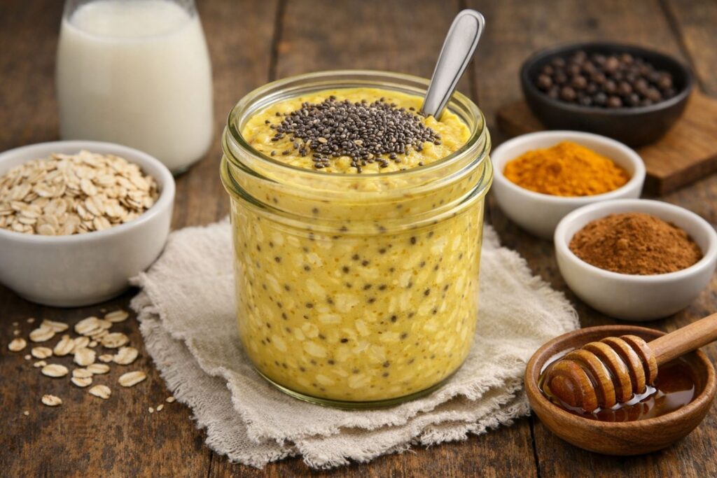 Jar of overnight oats made with rolled oats, milk, and healthy toppings, prepared as a no-cook breakfast