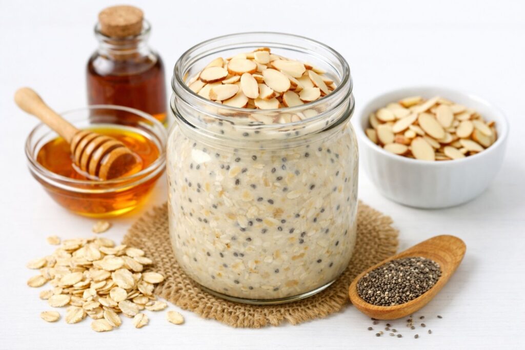 Jar of overnight oats made with rolled oats, milk, and healthy toppings, prepared as a no-cook breakfast