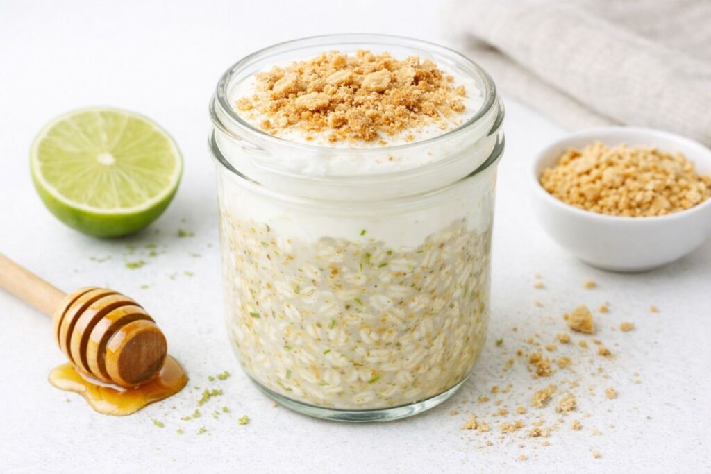 Jar of overnight oats made with rolled oats, milk, and healthy toppings, prepared as a no-cook breakfast