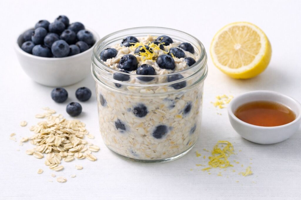 Jar of overnight oats made with rolled oats, milk, and healthy toppings, prepared as a no-cook breakfast