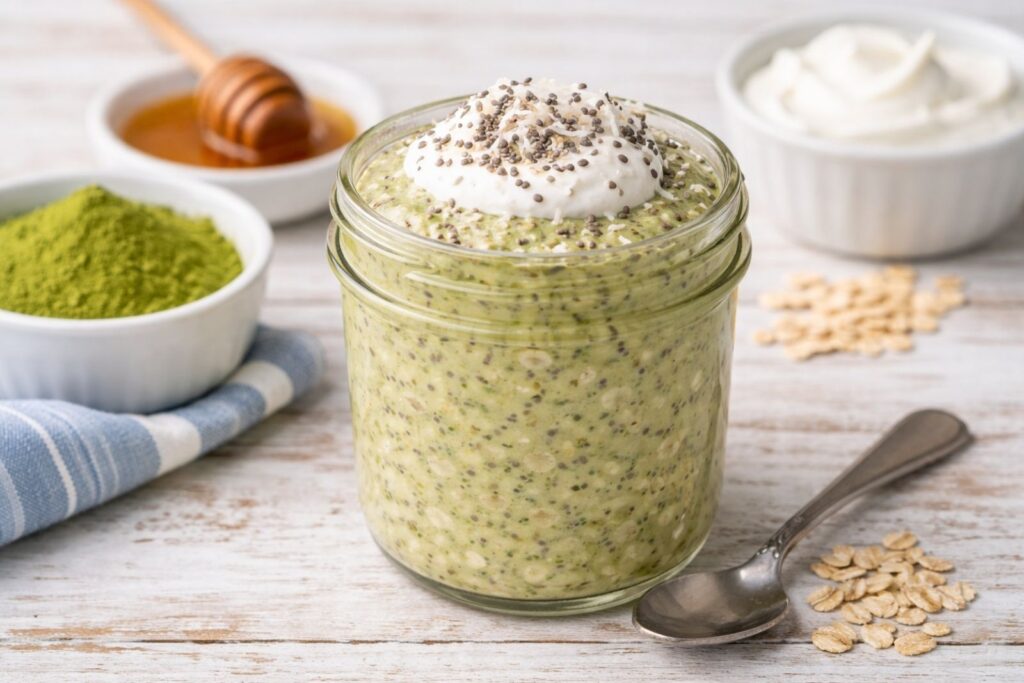 Jar of overnight oats made with rolled oats, milk, and healthy toppings, prepared as a no-cook breakfast