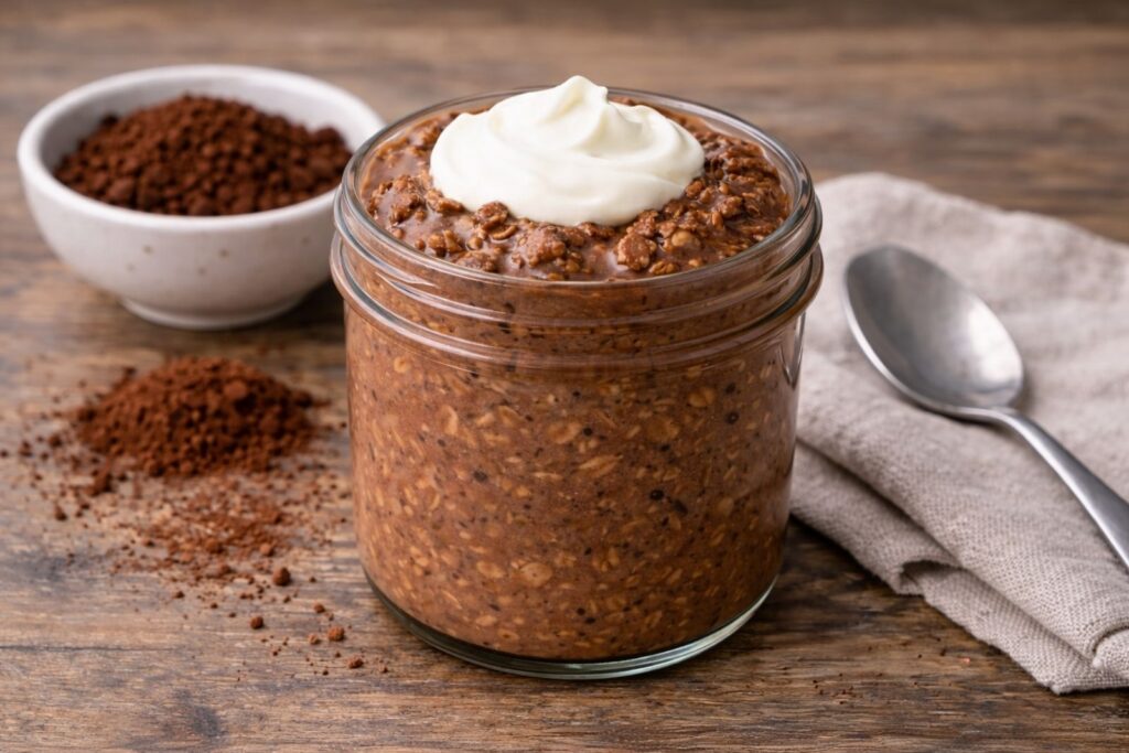 Jar of overnight oats made with rolled oats, milk, and healthy toppings, prepared as a no-cook breakfast