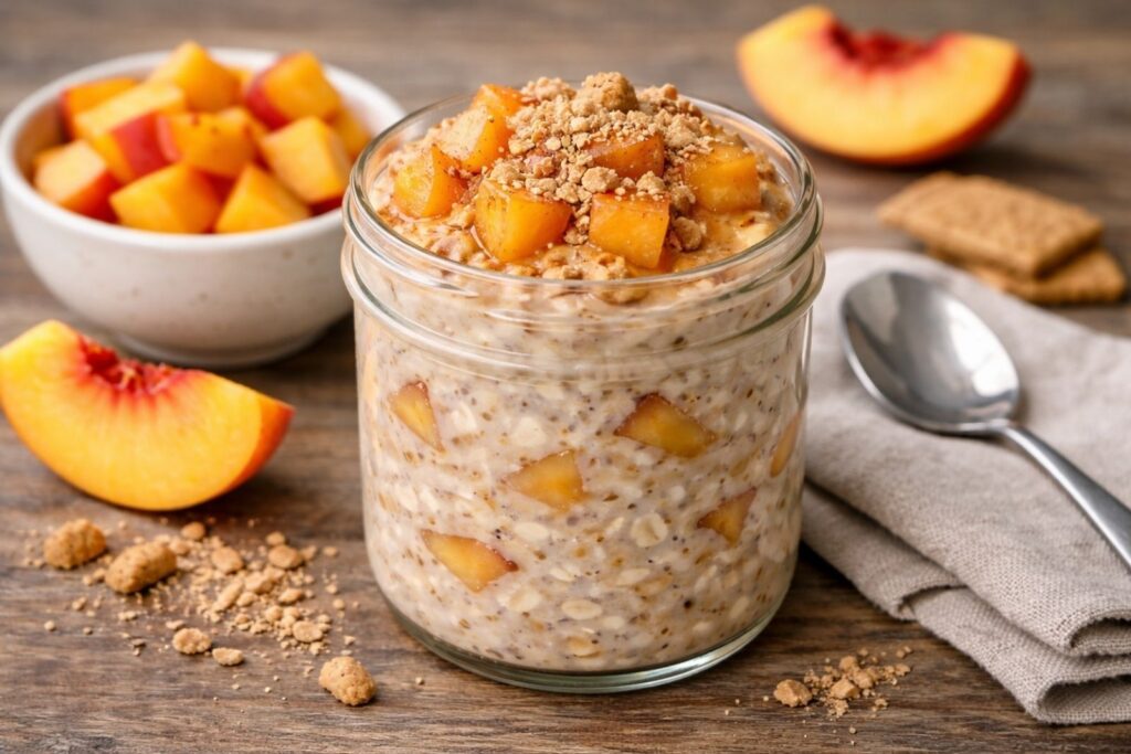 Jar of overnight oats made with rolled oats, milk, and healthy toppings, prepared as a no-cook breakfast