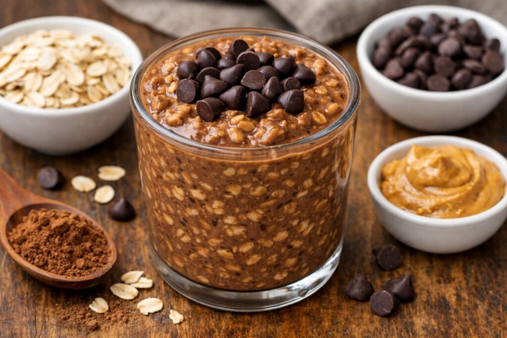 Jar of overnight oats made with rolled oats, milk, and healthy toppings, prepared as a no-cook breakfast