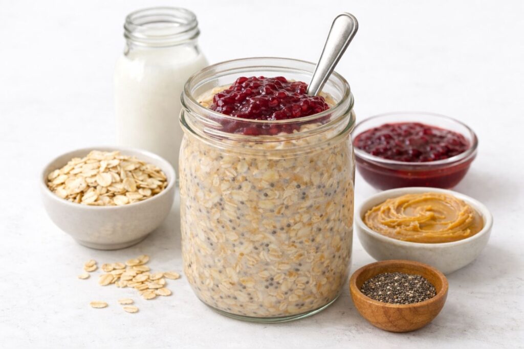 Jar of overnight oats made with rolled oats, milk, and healthy toppings, prepared as a no-cook breakfast