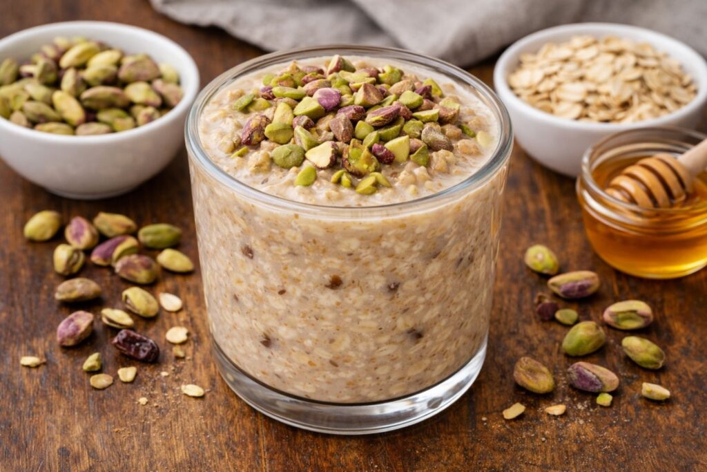 Jar of overnight oats made with rolled oats, milk, and healthy toppings, prepared as a no-cook breakfast