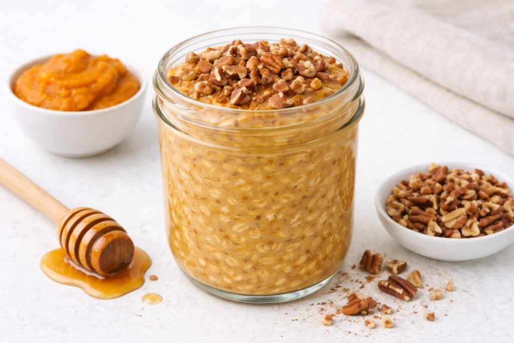 Jar of overnight oats made with rolled oats, milk, and healthy toppings, prepared as a no-cook breakfast