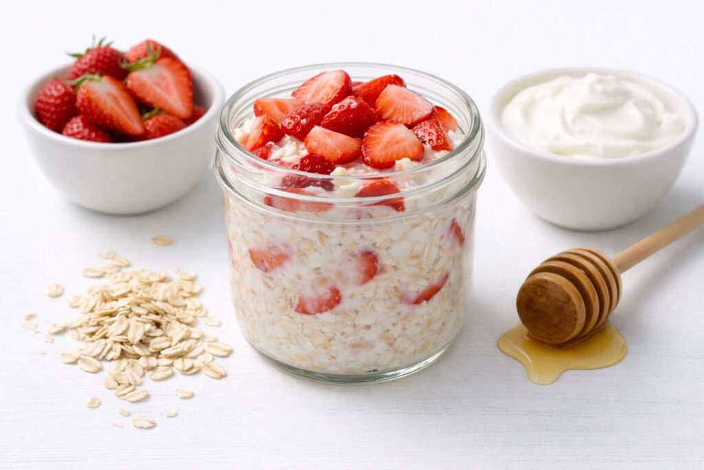 Jar of overnight oats made with rolled oats, milk, and healthy toppings, prepared as a no-cook breakfast