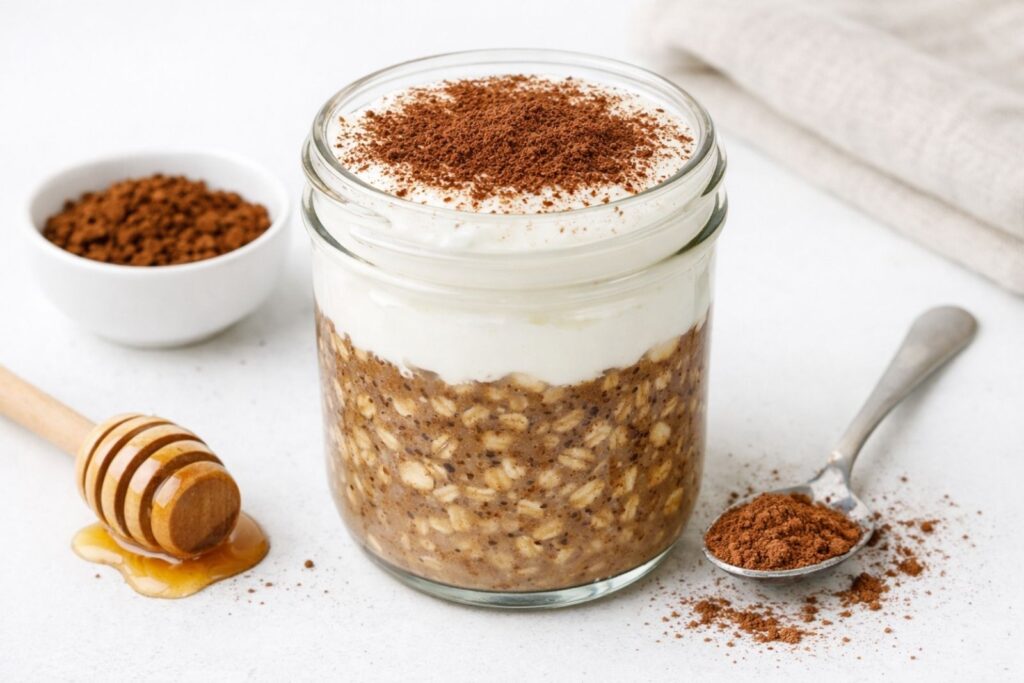 Jar of overnight oats made with rolled oats, milk, and healthy toppings, prepared as a no-cook breakfast