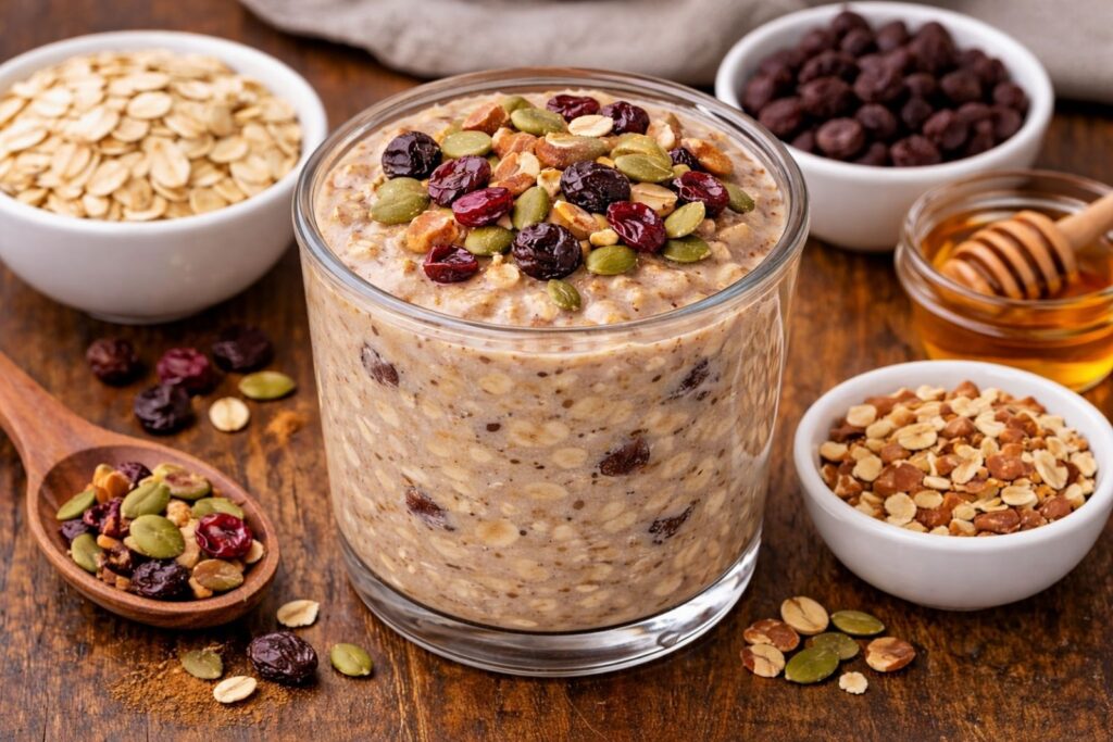 Jar of overnight oats made with rolled oats, milk, and healthy toppings, prepared as a no-cook breakfast