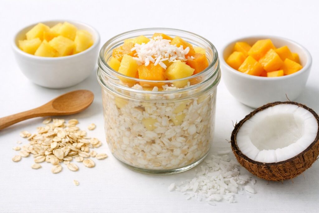 Jar of overnight oats made with rolled oats, milk, and healthy toppings, prepared as a no-cook breakfast