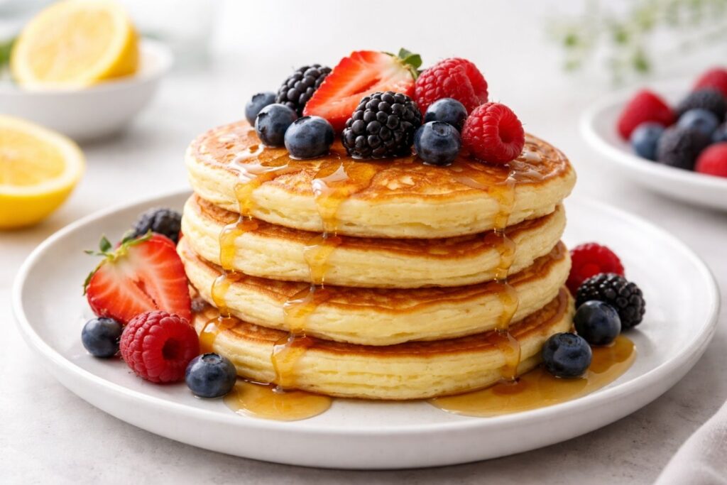 Lemon ricotta pancakes topped with fresh berries for healthy spring breakfast