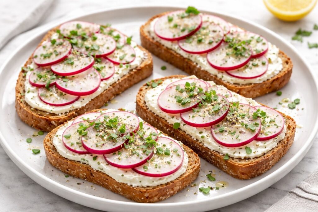 Radish and herb cream cheese toast on whole grain bread