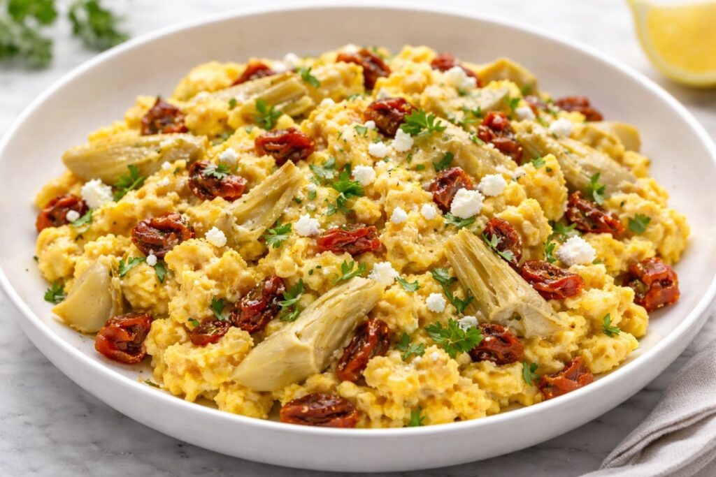 Artichoke and sun-dried tomato scrambled eggs