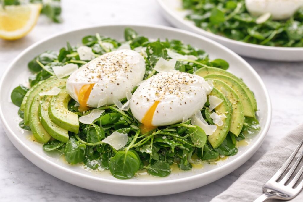Watercress salad topped with poached egg