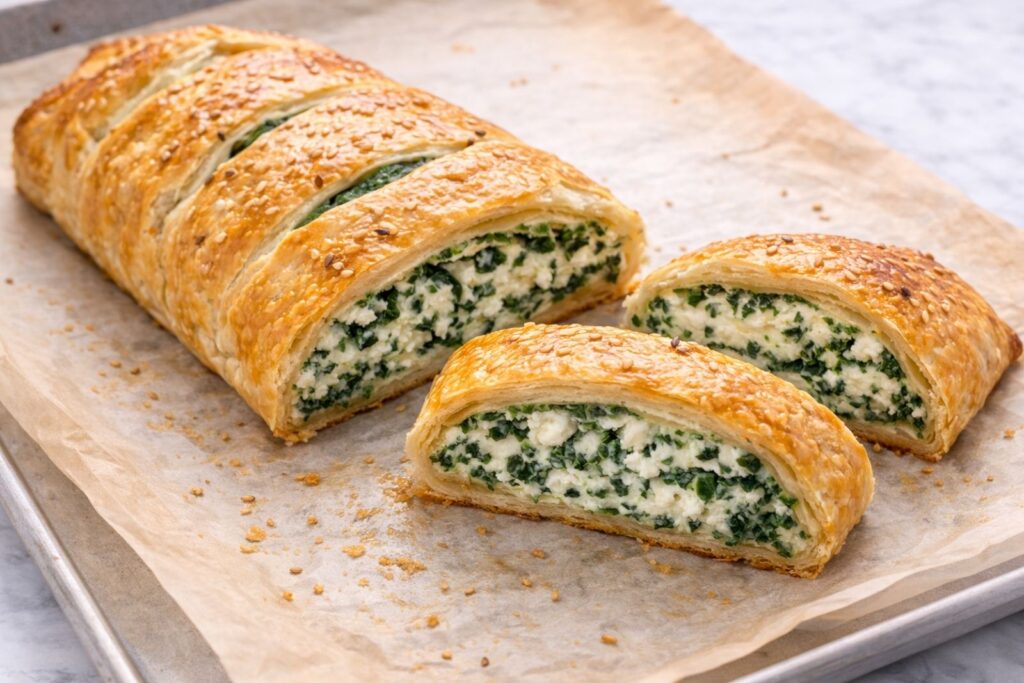 Spinach ricotta breakfast strudel sliced