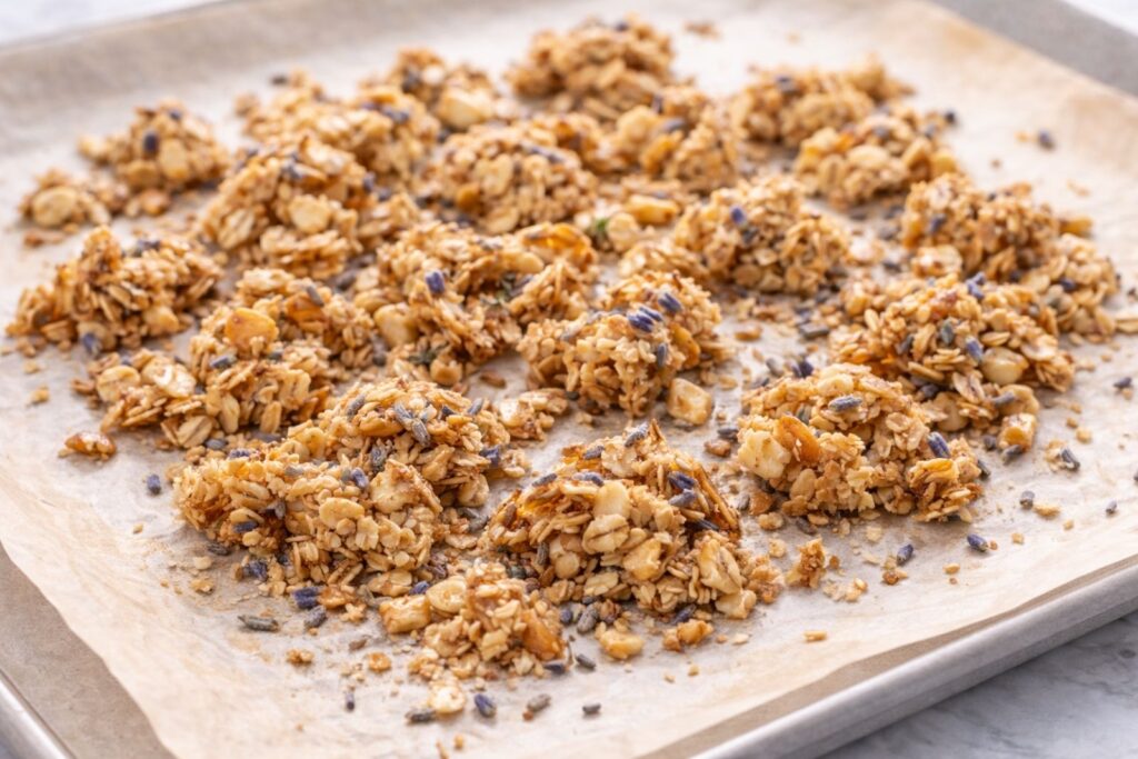 Honey lavender granola clusters close up