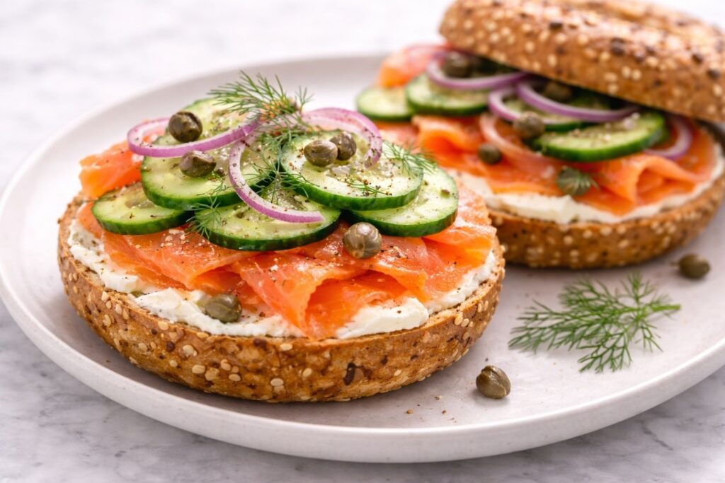 Smoked salmon cream cheese bagel with cucumber slices