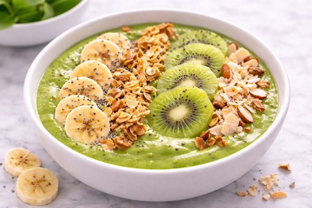 Green smoothie bowl with avocado banana and toppings